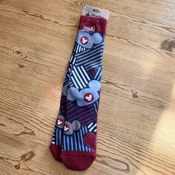 Disney Parks Authentic Mickey Mouse Geometric Pattern Crew Socks Burgundy - Picture 6 of 10